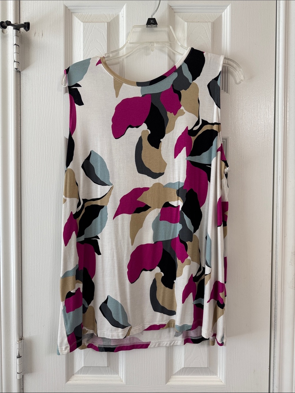 White Tank Top with Magenta, Black & Taupe Leaf Print